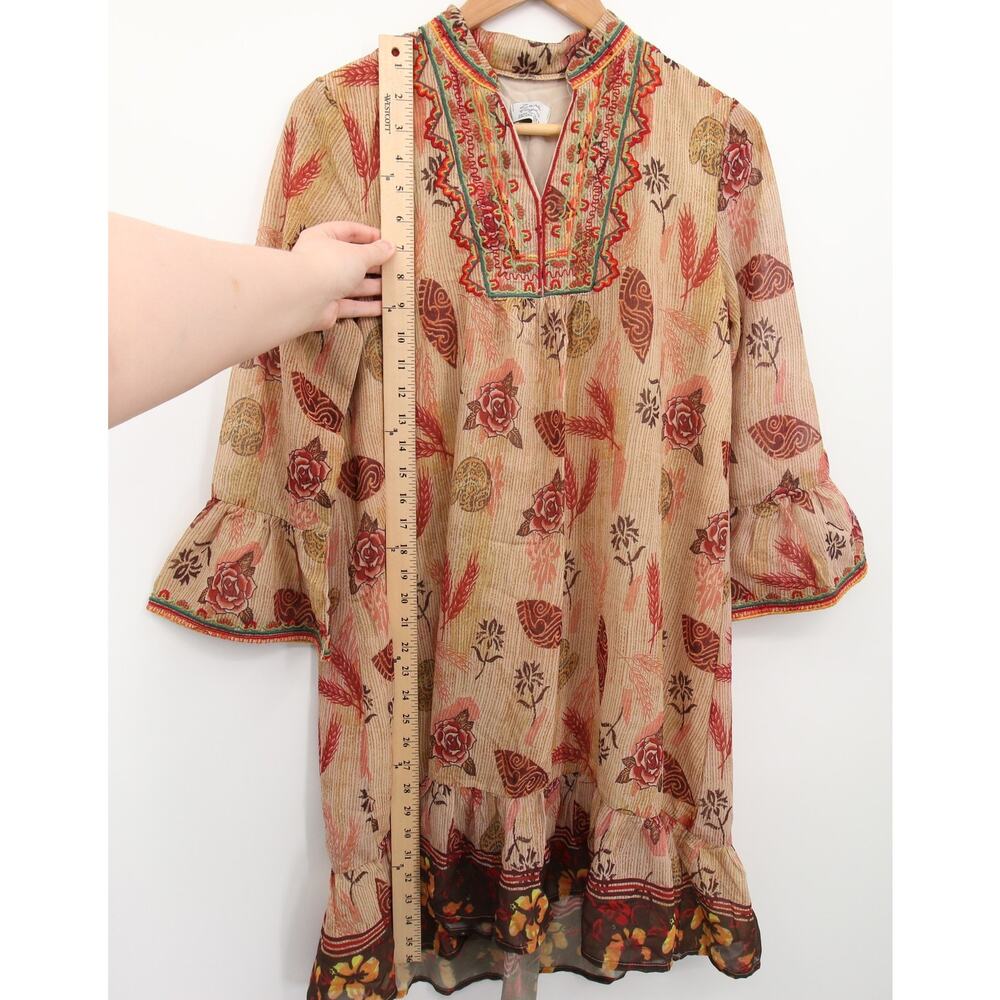 Zara Dress Tan Leaf Floral Pattern Nude Beige Bell Sleeve Embroidered Neckline M - Picture 6 of 12